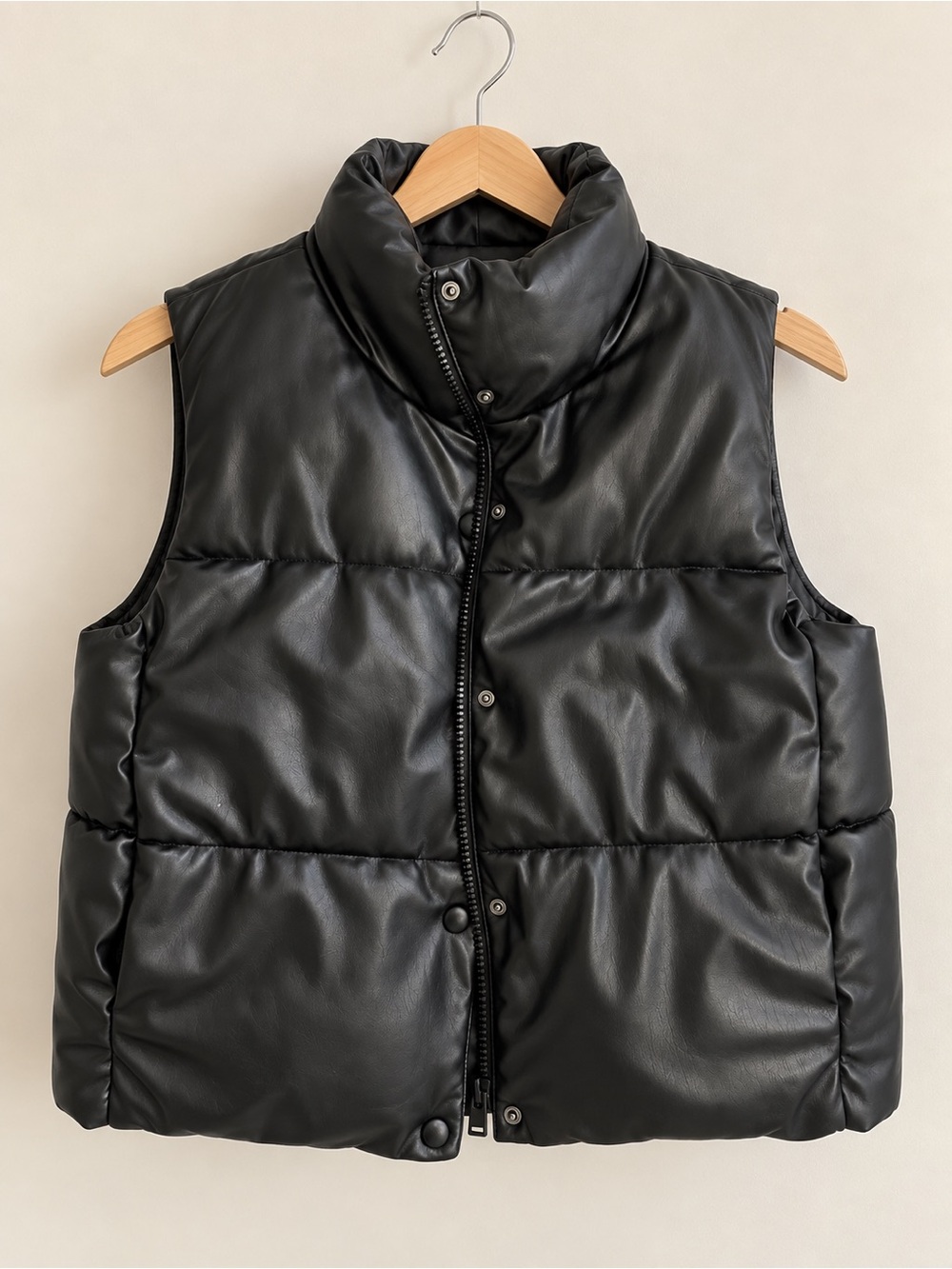 Zara Black Faux-Leather Quilted Puffer Vest